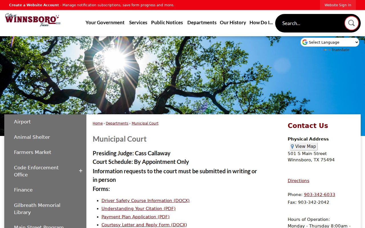 Official Winnsboro Municipal Court page with clerk, judge, hours, forms, and payment access